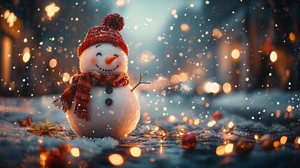 Fototapeta premium Joyous Snowman in a Red Hat amidst a Serene Winter Landscape, 赤い帽子をかぶり静かな冬の風景に佇む喜びに満ちた雪だるま.Generative AI
