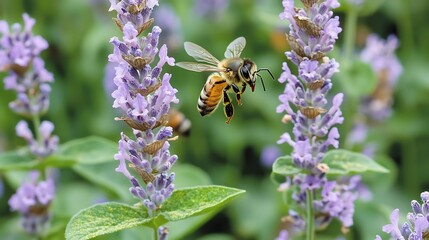 Honeybee in Flight over Lavender Field