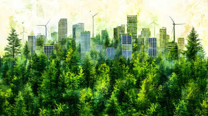 Green city, forest, wind turbines, solar panels, eco-future