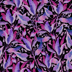 Bright pink floral watercolor seamless pattern for printing. Intertwining leaves and branches hand drawn. Nature botanical magenta background design for fabric, textile, print