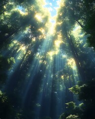 Obraz premium Sunbeams pierce dense forest canopy.