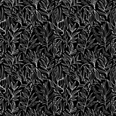  Hand drawn seamless pattern with watercolor branches and leaves. Monochrome vintage floral watercolor gray background. Design for fashion prints, textile