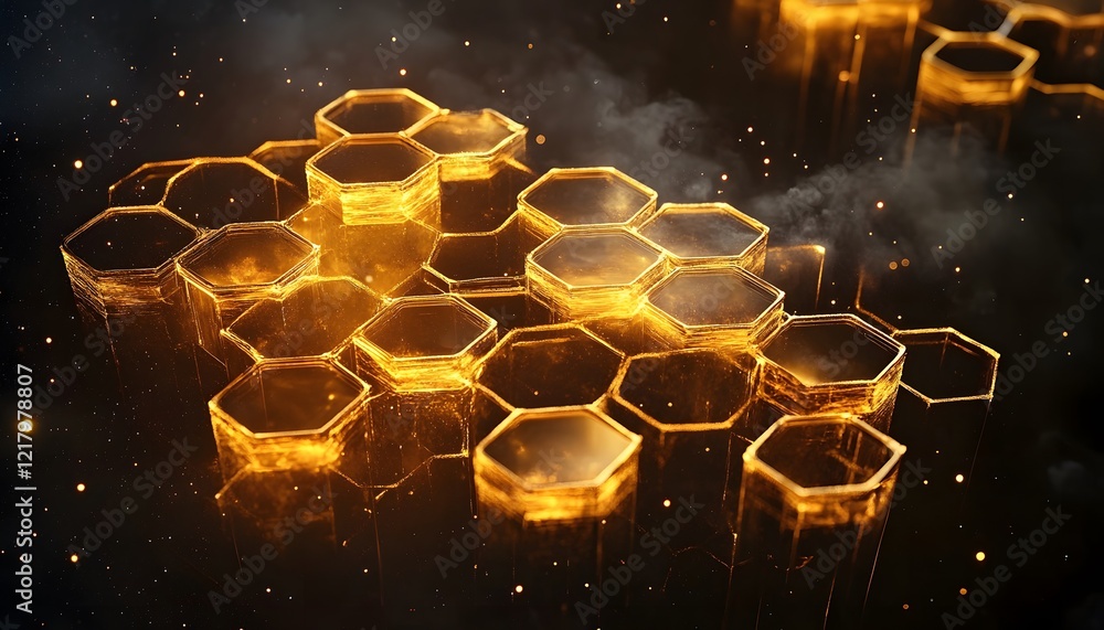 Poster golden hexagonal structures glowing in darkness