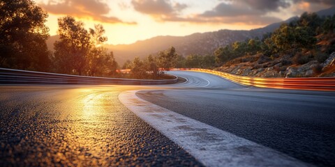 Sunset race track curve, mountain backdrop.  Driving, speed, adventure