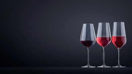  Three wine glasses filled with red wine on a dark background, reflecting the wine in each glass