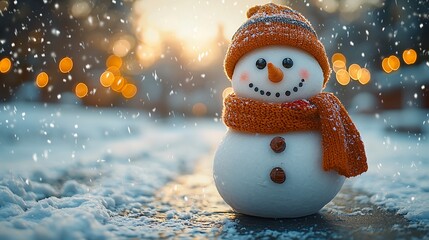 Obraz premium Charming Snowman in Red Hat and Scarf Smiling in a Winter Wonderland Christmas Setting, 穏やかな冬のワンダーランドクリスマスに佇む赤い帽子とスカーフの魅力的な雪だるま.Generative AI