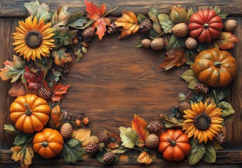 Autumn Harvest Frame with Colorful Pumpkins, Sunflowers, and Vibrant Leaves Against a Rustic Wooden Background Ideal for Seasonal Celebrations and Decor