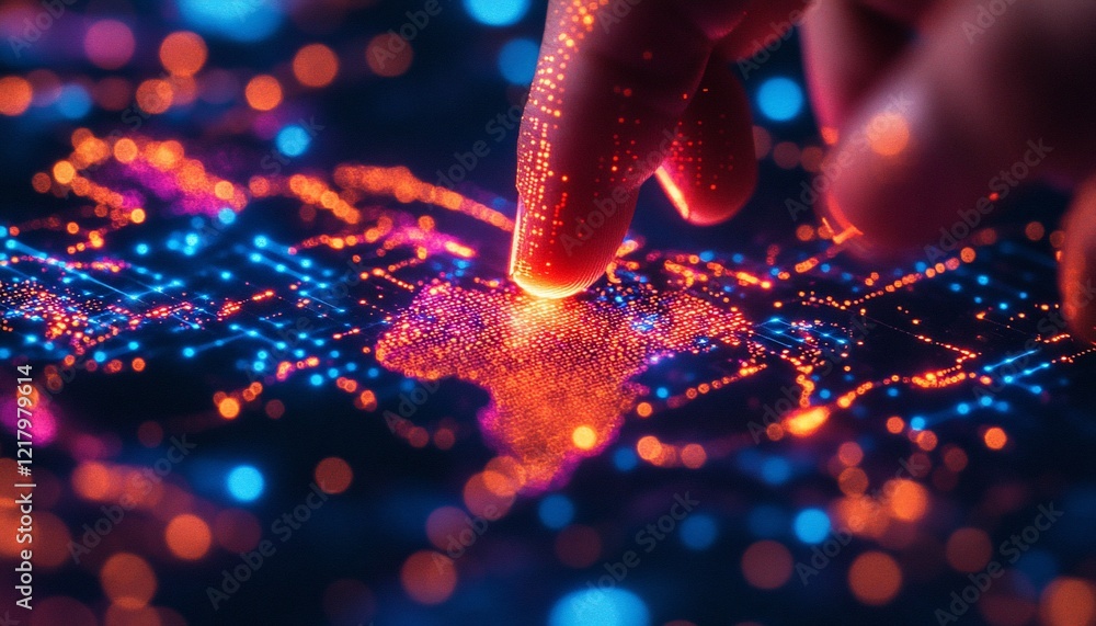 Poster finger interacting with glowing data particles on a screen