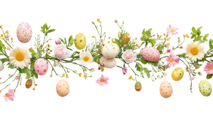 Easter egg wreath with flowers and leaves on transparent background