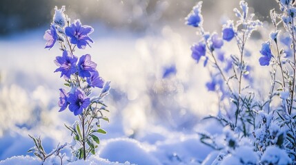 Fototapeta premium Frosty purple flowers in snowy field.