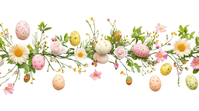 Easter egg wreath with flowers and leaves on transparent background - Powered by Adobe