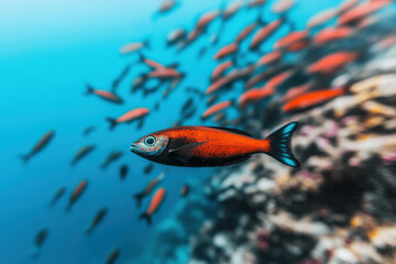 Obraz premium A school of fish swims in the ocean, with a large red fish in the middle