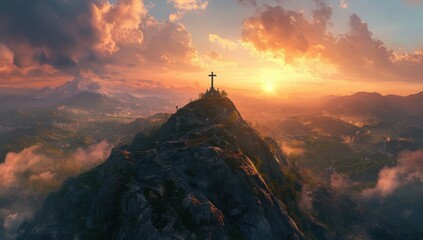 Wooden cross stands tall against a dramatic sky over a vast canyon landscape at sunset, easter themed background