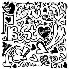 Valentine's Day Love and Hearts Doodle Design Elements on white background.