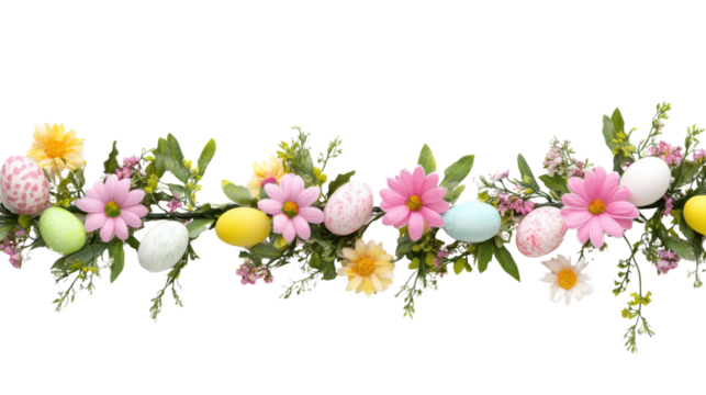 Easter egg wreath with flowers and leaves on transparent background