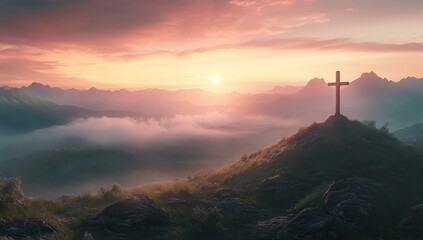 Fototapeta premium Wooden cross stands tall against a dramatic sky over a vast canyon landscape at sunset, easter themed background