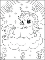 Illustration of a cute baby unicorn cartoon character. Black and white Printable Unicorn coloring page for kids.