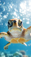 Obraz premium Baby sea turtle swims, ocean bubbles, coral reef, underwater wildlife