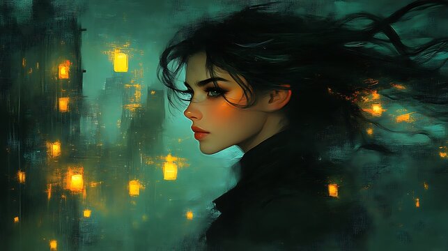 Woman profile, dark hair, futuristic city, glowing lights.