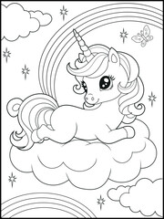 Illustration of a cute baby unicorn cartoon character. Black and white Printable Unicorn coloring page for kids.