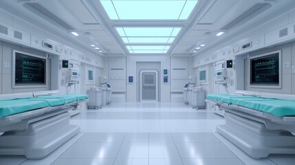 Obraz premium Modern and Sterile Hospital Interior with Comfortable Patient Beds and Advanced Medical Equipment in a Brightly Lit Environment