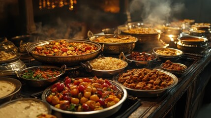 Obraz premium Aromatic Indian buffet spread in metallic bowls. Perfect for blogs, articles, or websites about food, travel, or culture.