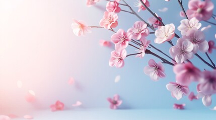 Gentle pink cherry blossoms falling on light blue background