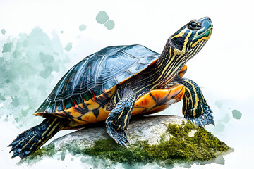 Obraz premium Painted turtle basking rock watercolor nature
