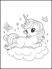 Illustration of a cute baby unicorn cartoon character. Black and white Printable Unicorn coloring page for kids.