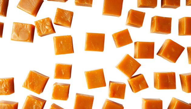 Caramel cubes floating honey isolated on Transparent Background