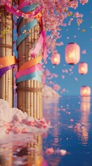 Naklejka premium Tranquil cherry blossom archway, lanterns, serene water, spring festival scene, ideal for travel posters