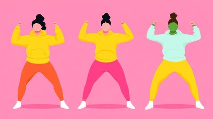 Fototapeta premium Three Diverse Women in Colorful Activewear Performing a Fitness Dance Routine on a Pink Background to Promote Health and Wellness Empowerment