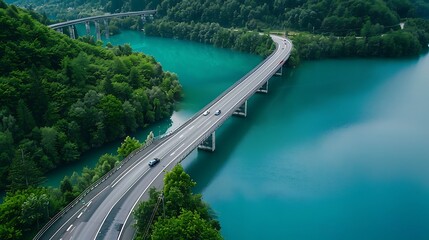Fototapeta premium Aerial view of bridge road with cars and lake in the forest