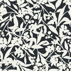 Fototapeta premium Floral pattern with flowers and leaves silhouettes. Modern floral print. Vector seamless background