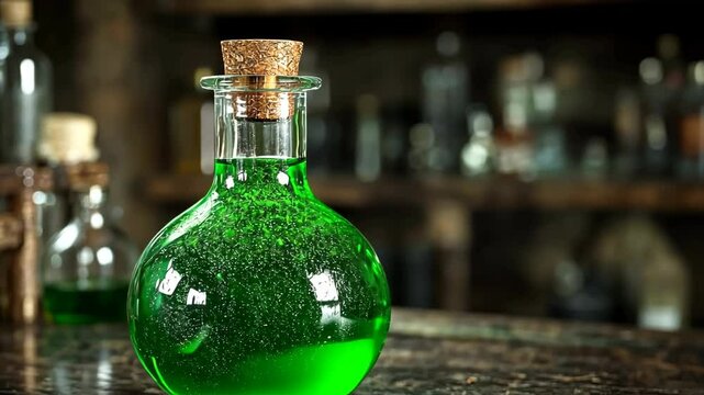 Bright green potion sits on a stone table in a dimly lit laboratory filled with mysterious glassware