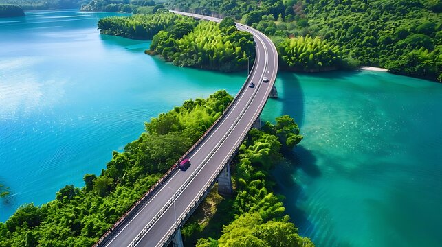 Aerial view of bridge road with cars and lake in the forest