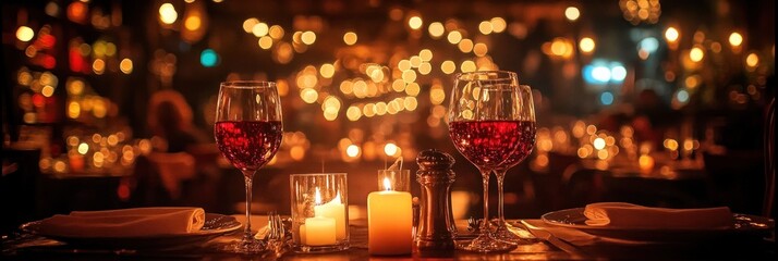 Romantic dinner for two with wine, candles, and warm lighting in a restaurant.