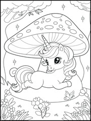 Illustration of a cute baby unicorn cartoon character. Black and white Printable Unicorn coloring page for kids. © laky