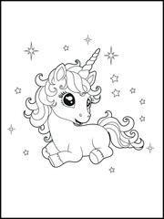 Illustration of a cute baby unicorn cartoon character. Black and white Printable Unicorn coloring page for kids.