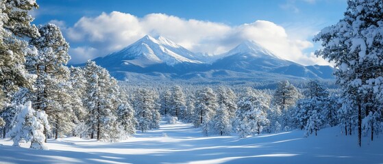 Fototapeta premium Snowy forest path, majestic peaks. Winter wonderland landscape, scenic view