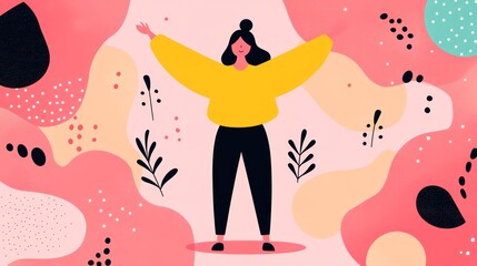 Joyful Woman in Vibrant Abstract Background with Playful Colors and Nature Elements Celebrating Positivity and Creative Expression