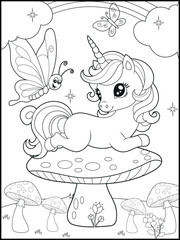 Illustration of a cute baby unicorn cartoon character. Black and white Printable Unicorn coloring page for kids.