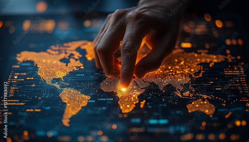 Poster hand interacting with illuminated global network map