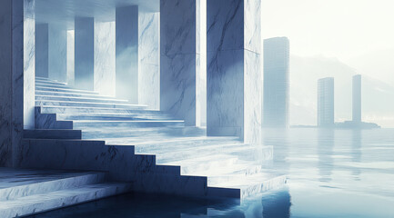 Modern buildings by the seaside, with steps leading to the water surface, and distant high-rise buildings shrouded in smoke