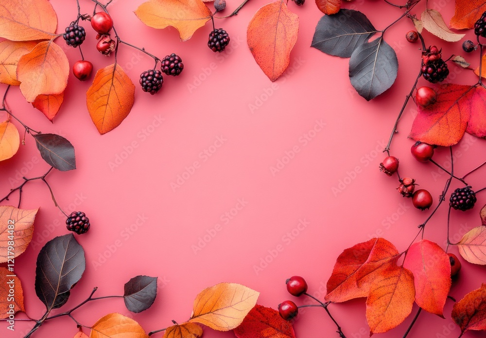 Poster autumn leaves and berries on pink background creating a warm and inviting frame for seasonal design 