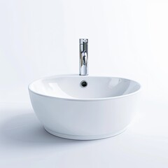 Fototapeta premium A modern, round white sink with a sleek chrome faucet, designed for bathrooms. isolated on white background