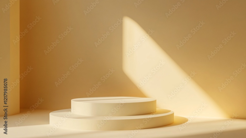 Poster Empty round podium displaying products on yellow background with sunlight