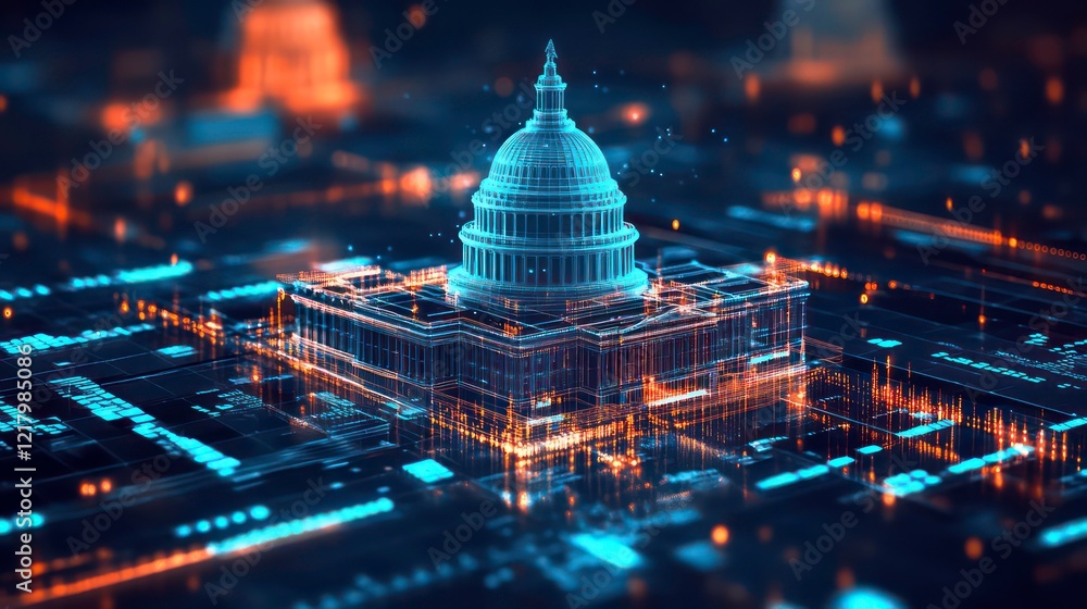 Poster Digital rendering of US Capitol building integrated into a circuit board.
