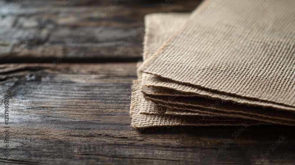 Aufkleber Stack of burlap napkins resting on rustic wooden table