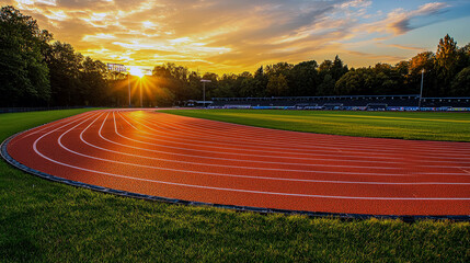 Sunset over the Running Track: A Stunning View of an Athletic Stadium at Golden Hour